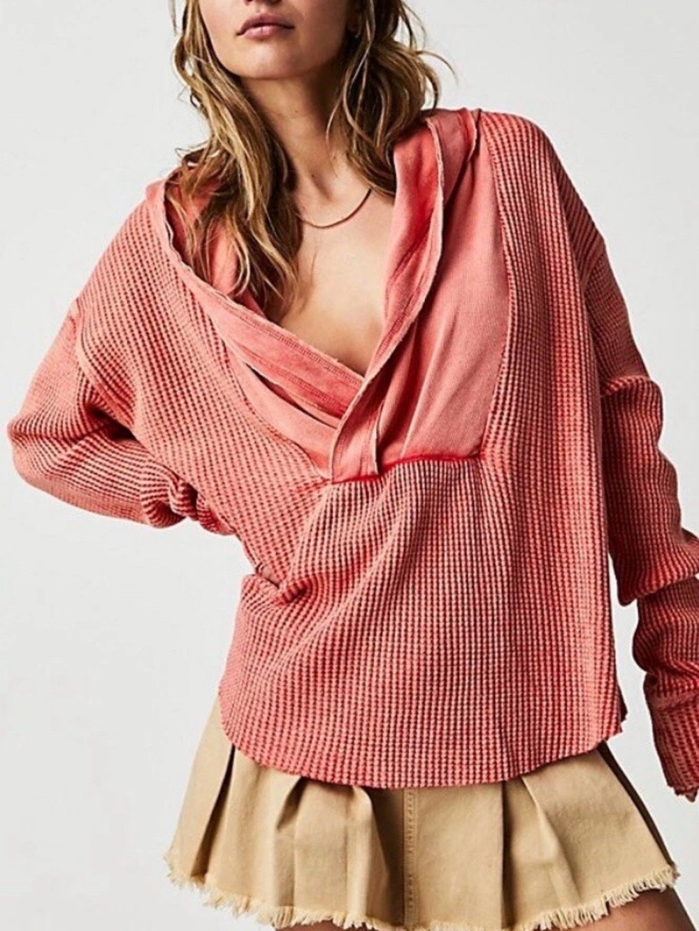 Free People Coral Pink Waffle Knit Pullover Hoodie